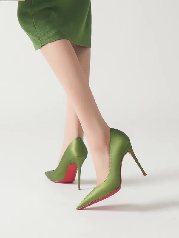Élégant Vert Cendré Bureau OL Escarpins 2025 Cuir 10 cm Talons Aiguilles À Bout Pointu Escarpins Talons Hauts