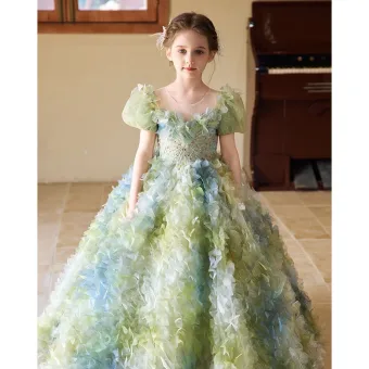 Flower Fairy Sage Green Beading Sequins Appliques Birthday Flower Girl Dresses 2025 Ball Gown Scoop Neck Short Sleeve Backless Floor Length Long
