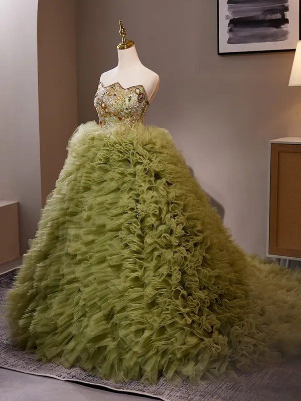 Chic / Beautiful Sage Green Beading Sequins Pleated Prom Dresses 2024 Ball Gown Strapless Sleeveless Backless Sweep Train Prom Formal Dresses