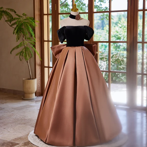 Brown Satin Prom Gown – Elegant Ruched Maxi Dress for Formal Events & Dinner Parties