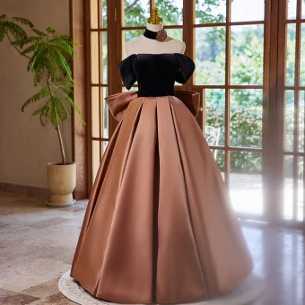 Elegant Brown Satin Prom Dresses 2024 Ball Gown Off The Shoulder Short Sleeve Backless Bow Floor Length Long Prom Formal Dresses
