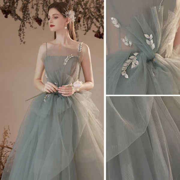 Charming Sage Green Prom Dresses 2022 A-Line / Princess Spaghetti Straps Sleeveless Backless Beading Floor-Length / Long Prom Formal Dresses