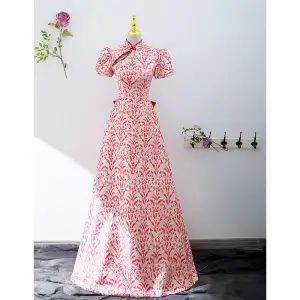 Vintage Retro Red Floral Pearl Evening Dresses 2022 A Line Princess High Neck Short Sleeve Backless Bow Floor Length Long Evening Party Formal Dresses