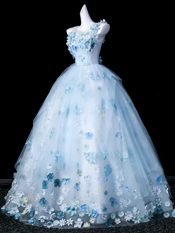 Fée Des Fleurs Bleu Ciel Perle Appliques Robe De Bal 2026 Robe Boule Encolure Carrée Sans Manches Dos Nu