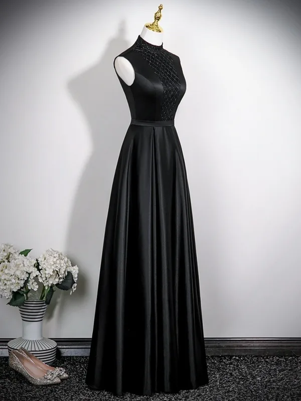 Vintage / Retro Black Satin Prom Dresses 2025 A-Line / Princess High Neck Sleeveless Backless Floor-Length / Long Formal Dresses