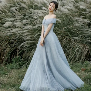 Simple Bleu Ciel Glitter Robe De Bal 2022 Princesse De L Épaule Manches Courtes Dos Nu Longue Promo Robe De Ceremonie