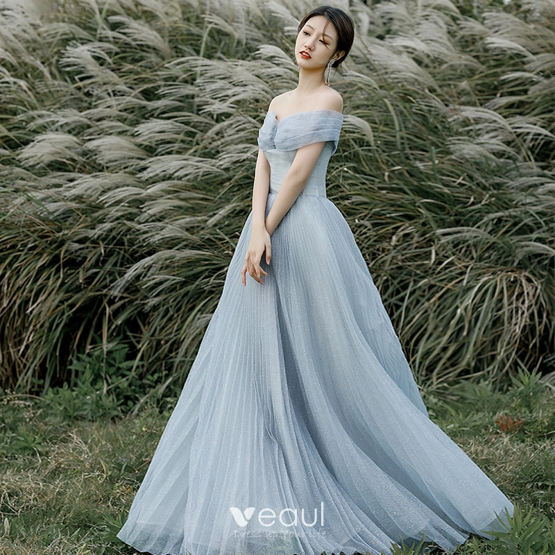 Modest Simple Sky Blue Glitter Prom Dresses 2022 A Line Princess Off The  Shoulder Short Sleeve Backless Floor Length Long Prom Formal Dresses