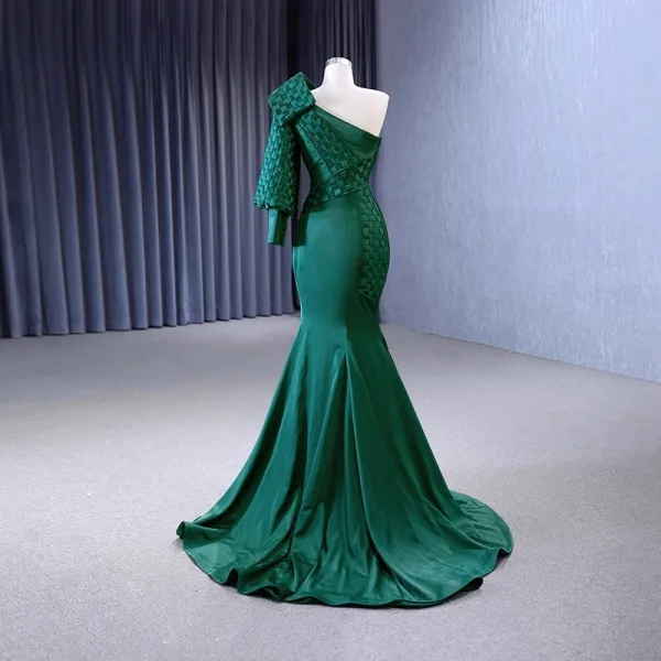 Vintage / Originale Haut de Gamme Vert Foncé Robe De Soirée 2023 Trompette / Sirène Une épaule Manches Longues Dos Nu Fermeture Éclair Sur Le Côté Train De Balayage Soirée Robe De Ceremonie