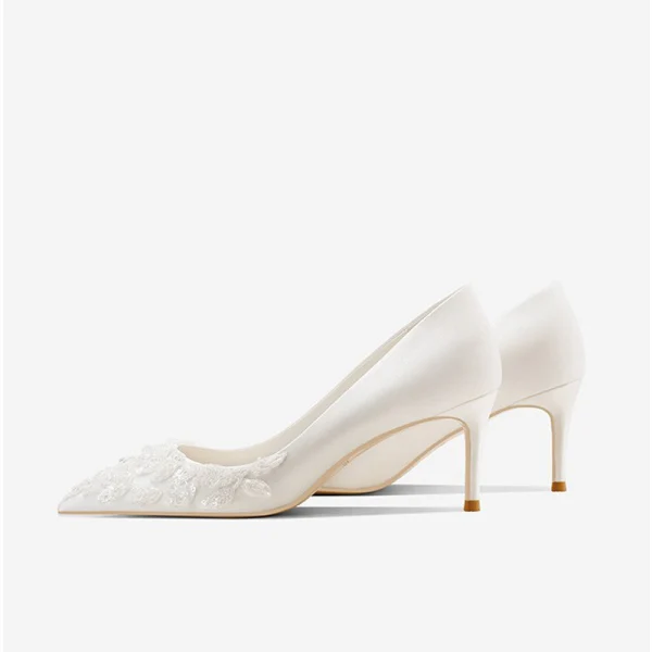 Elegant Ivory Leather Sequins Wedding Shoes 2022 8 cm Stiletto Heels Pointed Toe Wedding Pumps High Heels