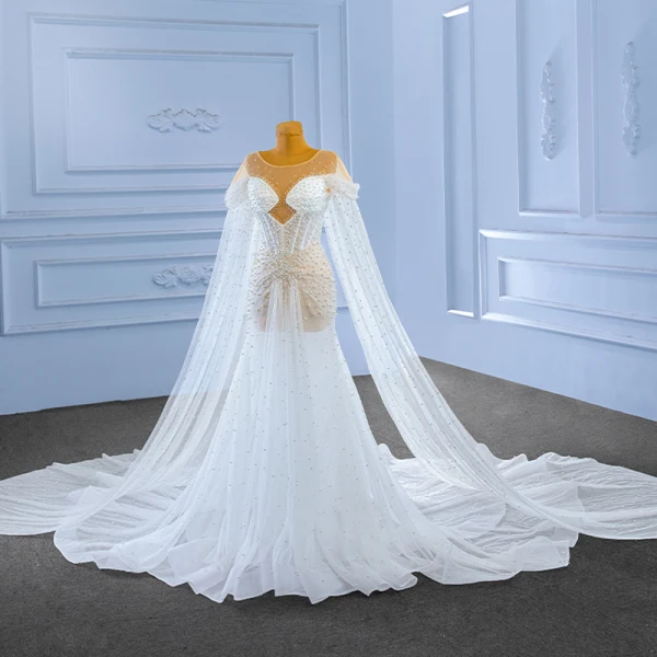 Elegant High-end White Beading Pearl Wedding Dresses 2023 Trumpet / Mermaid Scoop Neck Short Sleeve Royal Train Wedding