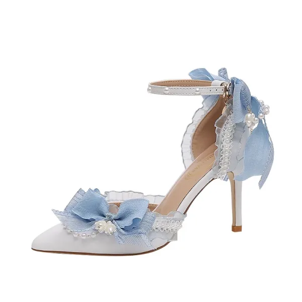 Fashion Sage Green Pearl Bow Prom Womens Sandals 2024 Ankle Strap 9 cm Stiletto Heels Pointed Toe Womens Shoes High Heels