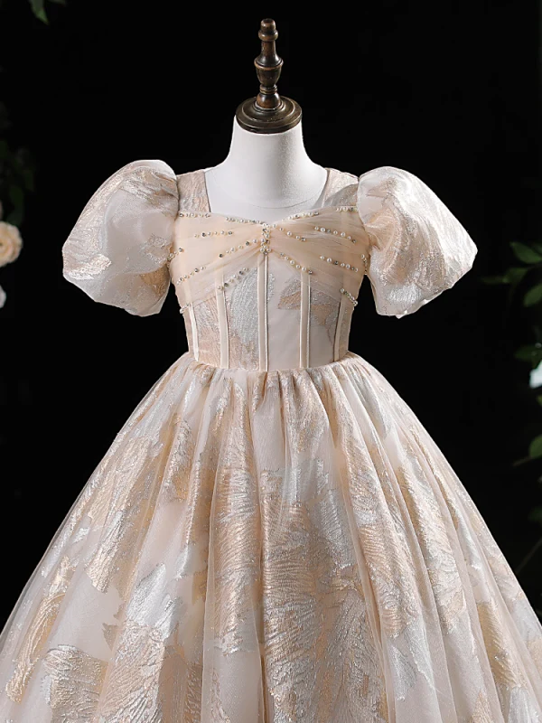 Chic / Beautiful Khaki Glitter Printing Pearl Rhinestone Birthday Flower Girl Dresses 2024 Ball Gown Scoop Neck Puffy Short Sleeve Floor-Length / Long