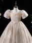 Chic / Beautiful Khaki Glitter Printing Pearl Rhinestone Birthday Flower Girl Dresses 2024 Ball Gown Scoop Neck Puffy Short Sleeve Floor-Length / Long