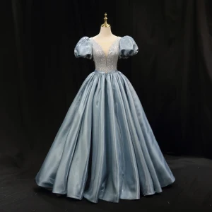 Chic Beautiful Sky Blue Sequins Prom Dresses 2023 Ball Gown Satin Scoop Neck Puffy Short Sleeve Backless Rhinestone Sash Floor Length Long Prom Formal Dresses