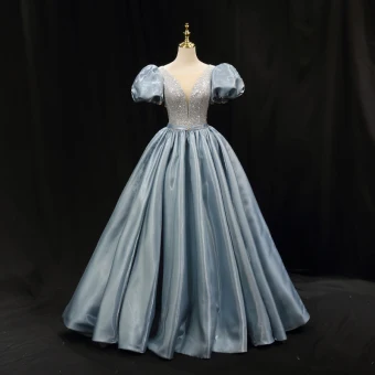 Chic Belle Bleu Ciel Paillettes Robe De Bal 2023 Robe Boule Satin Encolure Dégagée Gonflée Manches Courtes Dos Nu Faux Diamant Ceinture Longue Promo Robe De Ceremonie