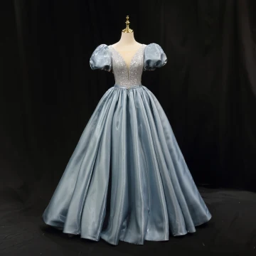 Chic Beautiful Sky Blue Sequins Prom Dresses 2023 Ball Gown Satin Scoop Neck Puffy Short Sleeve Backless Rhinestone Sash Floor Length Long Prom Formal Dresses