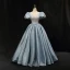 Chic / Beautiful Sky Blue Sequins Prom Dresses 2023 Ball Gown Satin Scoop Neck Puffy Short Sleeve Backless Rhinestone Sash Floor-Length / Long Prom Formal Dresses