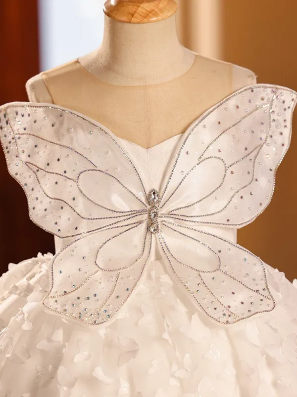 Lovely White Rhinestone Appliques Butterfly Birthday Flower Girl Dresses 2024 Ball Gown Scoop Neck Sleeveless Backless Floor-Length / Long