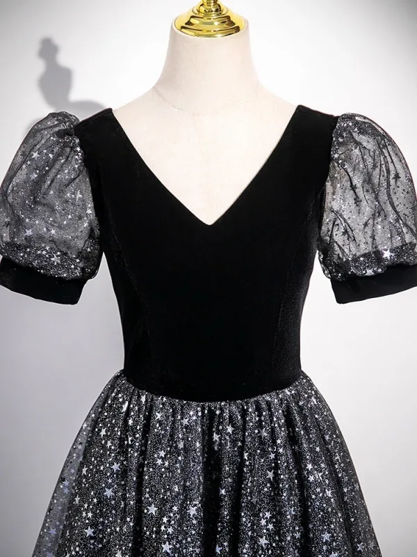 Bling Bling Black Star Sequins Prom Dresses 2025 A-Line / Princess V-Neck Short Sleeve Backless Floor-Length / Long Formal Dresses