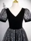 Bling Bling Black Star Sequins Prom Dresses 2025 A-Line / Princess V-Neck Short Sleeve Backless Floor-Length / Long Formal Dresses