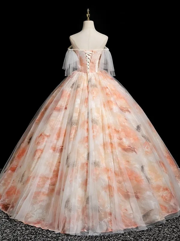 Chic / Beautiful Champagne Appliques Prom Dresses Ball Gown 2025 Square Neckline Short Sleeve Backless Floor-Length / Long Formal Dresses