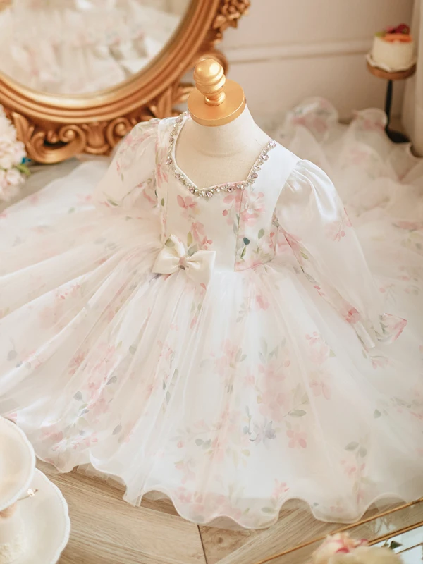 Chic / Beautiful White Rhinestone Printing Birthday Flower Girl Dresses 2023 A-Line / Princess Square Neckline Bow Long Sleeve Short