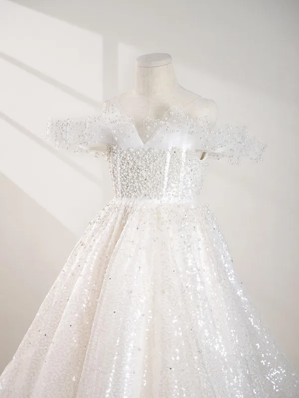 Bling Bling White Beading Pearl Sequins Wedding Flower Girl Dresses 2024 A-Line / Princess Scoop Neck Sleeveless Backless Floor-Length / Long Tulle