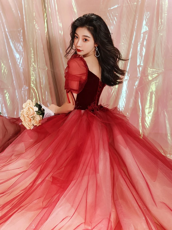 Chic / Beautiful Burgundy Evening Dresses 2023 A-Line / Princess Square Neckline Short Sleeve Backless Floor-Length / Long Evening Party Formal Dresses