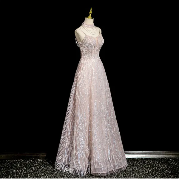 Scintillantes Rougissant Rose Perlage Faux Diamant Paillettes Robe De Bal 2025 Princesse Col Haut Sans Manches Dos Nu Longue Robe De Ceremonie