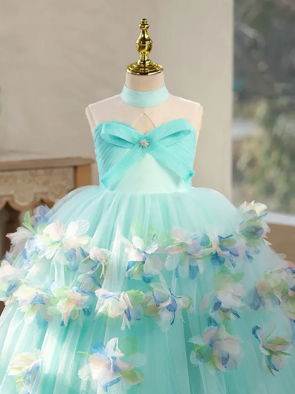 Flower Fairy Multi-Colors Appliques Bow Mint Green Birthday Flower Girl Dresses 2026 Ball Gown High Neck Sleeveless Backless Floor-Length / Long Tulle