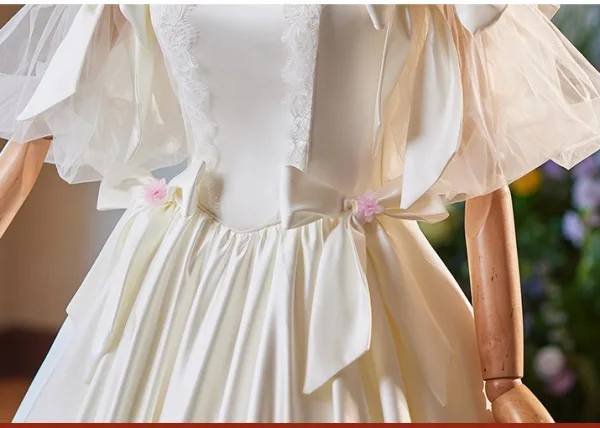 Vintage / Retro Ivory Satin Lace Flower Prom Dresses 2024 Ball Gown Off-The-Shoulder Bow Short Sleeve Backless Floor-Length / Long Prom Formal Dresses