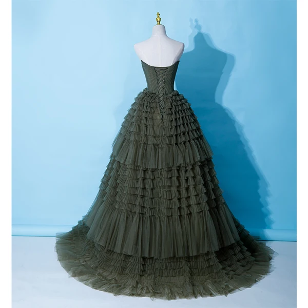 High End Dunkelgrün Fallende Rüsche Abendkleider 2023 A Linie Bandeau Ärmellos Rückenfreies Sweep / Pinsel Zug Abend Festliche Kleider