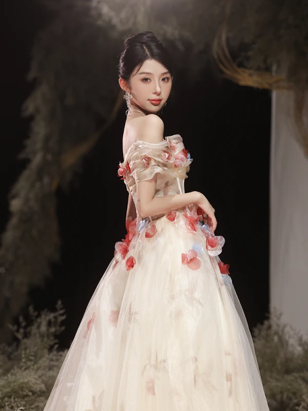 Flower Fairy White Beading Appliques Prom Dresses 2023 A-Line / Princess Off-The-Shoulder Sleeveless Backless Floor-Length / Long Prom Formal Dresses