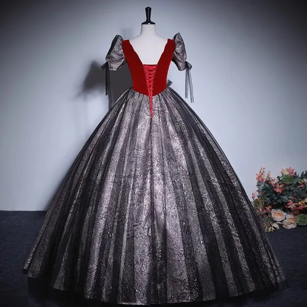 Elegant Burgundy Glitter Prom Dresses 2023 Ball Gown Square Neckline Short Sleeve Backless Bow Floor-Length / Long Prom Formal Dresses