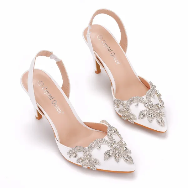 Charmant Blanche Faux Diamant Chaussure De Mariée 2022 9 cm Talons Aiguilles À Bout Pointu Mariage Talons Hauts