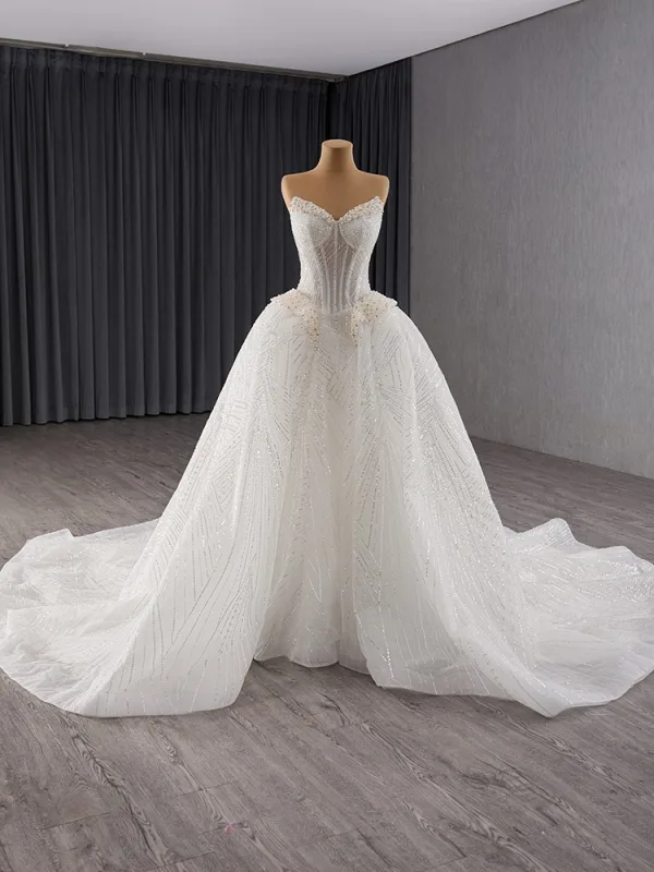 Luxury / Gorgeous White Handmade  Beading Rhinestone Pearl Sequins Wedding Dresses 2024 Ball Gown Strapless Sleeveless Backless Court Train Wedding