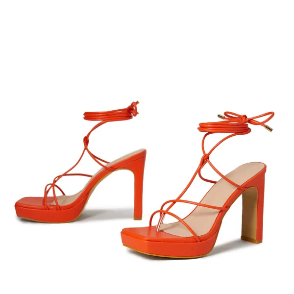 Sexy Orange Street Wear Womens Sandals 2022 X-Strap 11 cm Thick Heels Open / Peep Toe Sandals High Heels