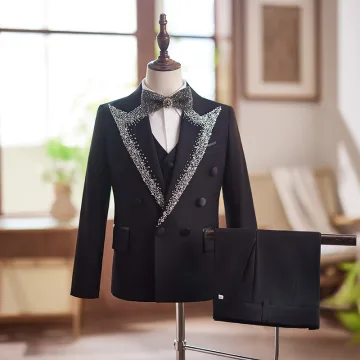 Svarta Långärmad Rhinestone 5 Delat Bröllop Kostym Barn Bröllop 2025 Organ Smycken Coat Byxor Skjorta Slips Väst