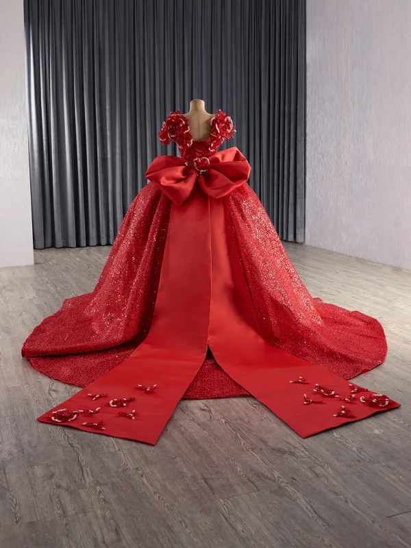 Luxury / Gorgeous Red Handmade Beading Sequins Wedding Dresses 2025 Ball Gown V-Neck Short Sleeve Backless Bow Court Train Wedding