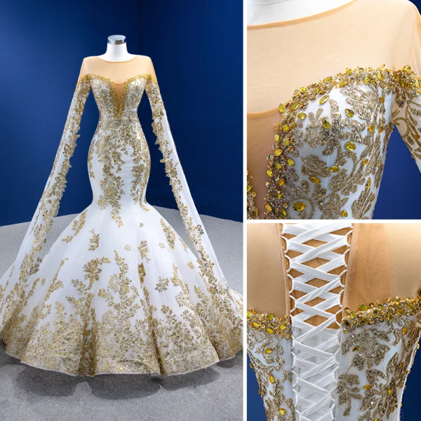 Luxury / Gorgeous High-end Gold Beading Rhinestone Sequins Wedding Dresses 2022 Trumpet / Mermaid Scoop Neck Long Sleeve Floor-Length / Long Wedding