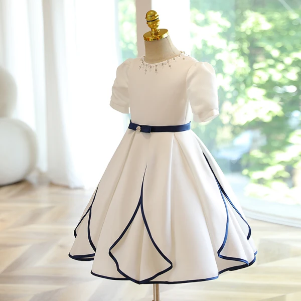Chic / Beautiful Ivory Birthday Short Flower Girl Dresses 2022 A-Line / Princess Scoop Neck Short Sleeve Pearl Bow Sash Flower Girl Dresses