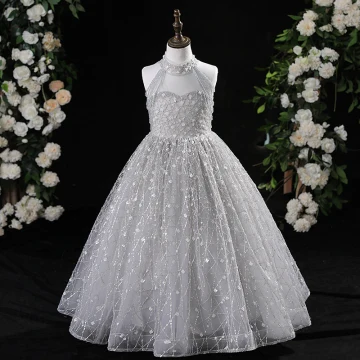 Chic Beautiful Grey Beading Sequins Birthday Flower Girl Dresses 2024 A Line Princess High Neck Sleeveless Floor Length Long Tulle