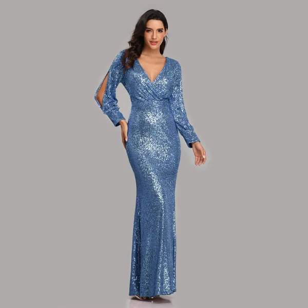 Sparkly Black Sequins Evening Dresses 2023 Trumpet / Mermaid V-Neck Long Sleeve Floor-Length / Long Evening Party Formal Dresses