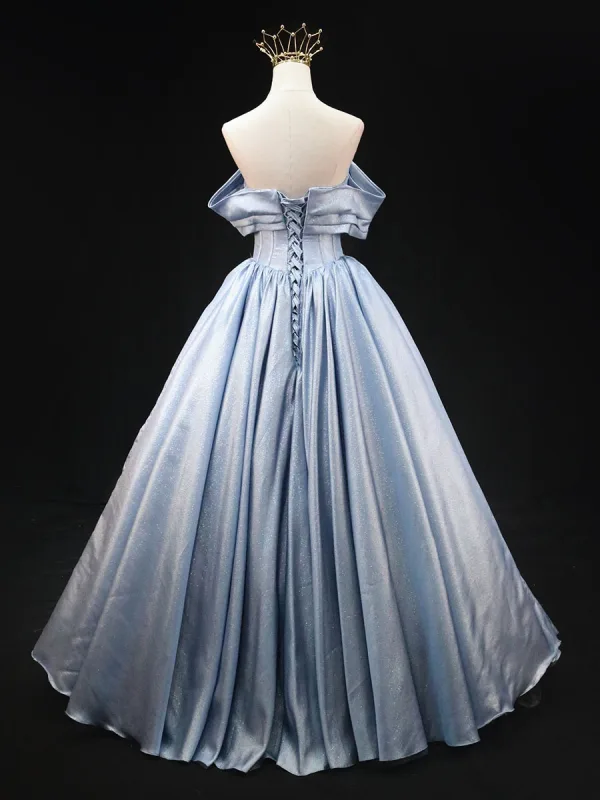 Chic / Beautiful Sky Blue Off-The-Shoulder Prom Dresses 2025 Ball Gown Short Sleeve Backless Floor-Length / Long Prom Formal Dresses