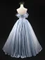 Chic / Beautiful Sky Blue Off-The-Shoulder Prom Dresses 2025 Ball Gown Short Sleeve Backless Floor-Length / Long Prom Formal Dresses