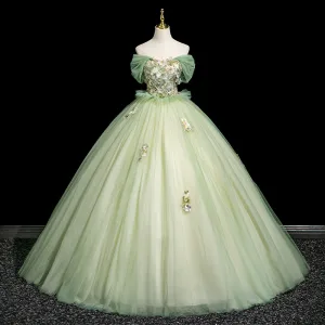 Élégant Vert Cendré Paillettes En Dentelle Fleur Robe De Bal 2025 Robe Boule De L Épaule Manches Courtes Dos Nu Longue Robe De Ceremonie