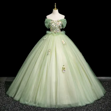 Élégant Vert Cendré Paillettes En Dentelle Fleur Robe De Bal 2025 Robe Boule De L Épaule Manches Courtes Dos Nu Longue Robe De Ceremonie