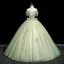 Elegant Sage Green Sequins Lace Flower Prom Dresses 2025 Ball Gown Off-The-Shoulder Short Sleeve Backless Floor-Length / Long Formal Dresses