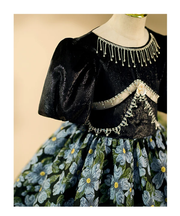 Vintage / Retro Black Rhinestone Floral Birthday Flower Girl Dresses 2024 Ball Gown Scoop Neck Short Sleeve Floor-Length / Long