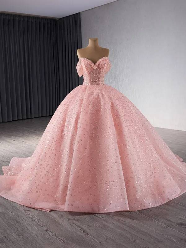 High End Schön Rosa Handgefertigt Perlenstickerei Pailletten Ballkleider 2024 Ballkleid Bandeau Ärmellos Rückenfreies Kapelle-Schleppe Ball Festliche Kleider